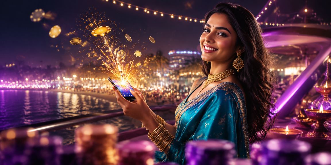 Indian lady enjoying live casino games on mobile, colorful gaming screen